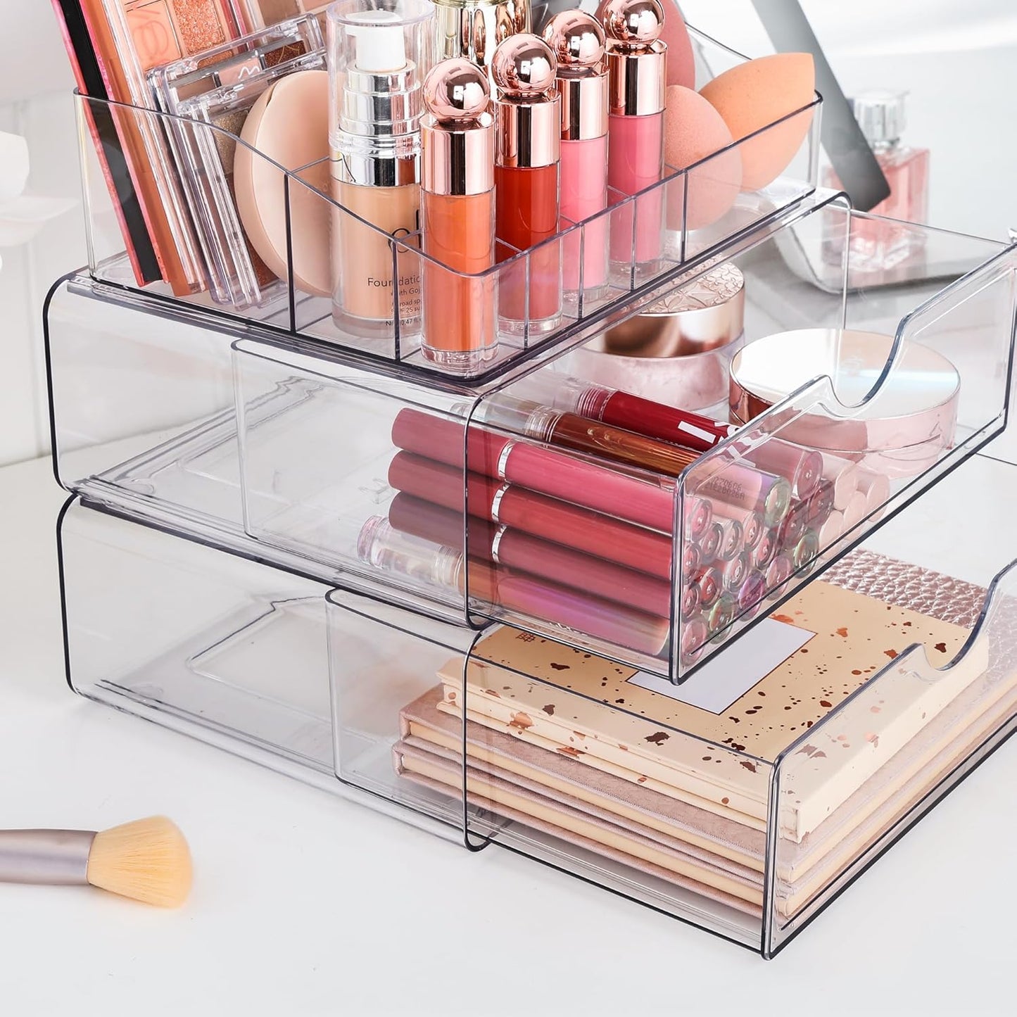 Quivy ClearStack 3-tier makeup organizer with lipsticks, brushes, and skincare products for a neat vanity.