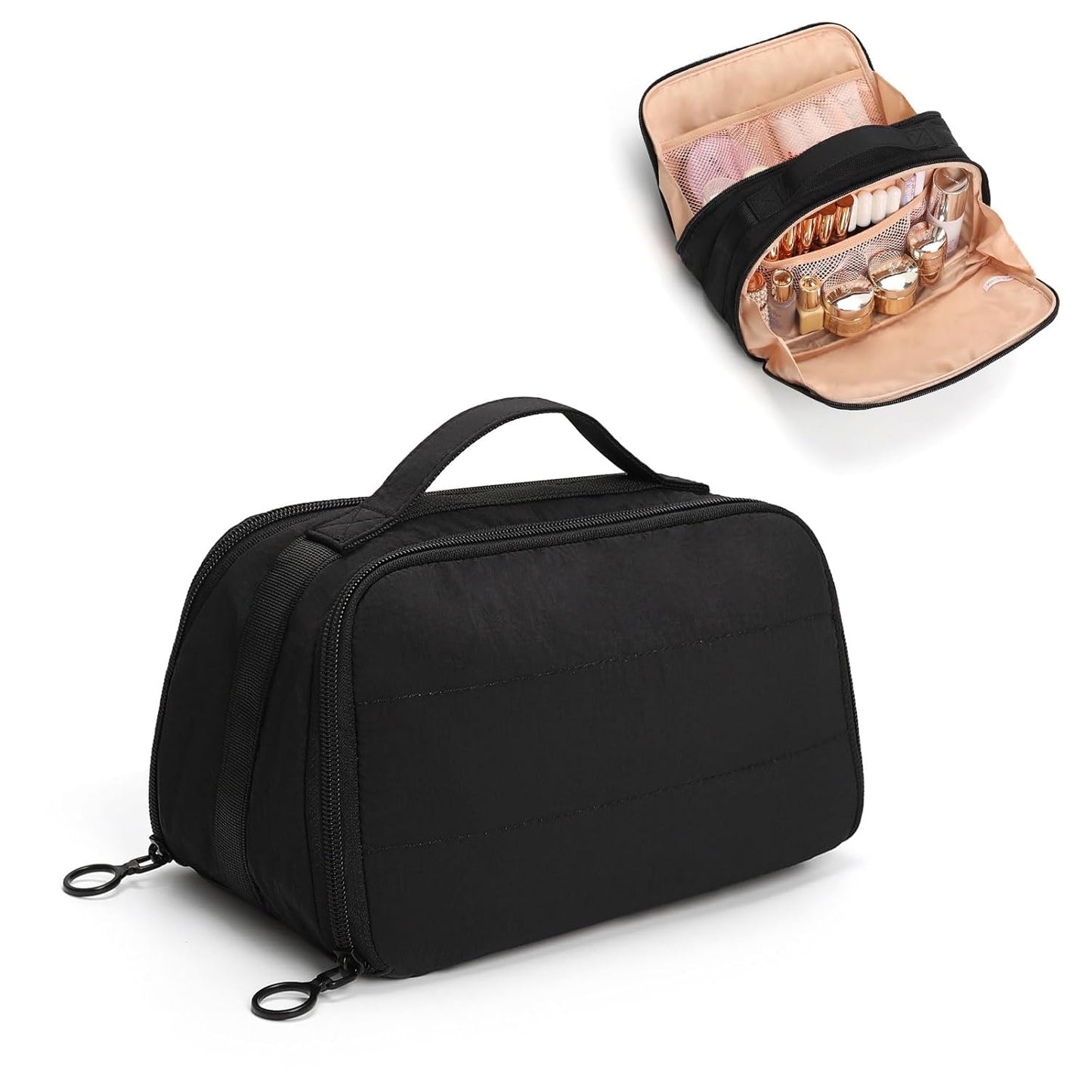 Quivy LuxeCase black makeup bag with dual compartments for organizing beauty essentials and skincare tools.
