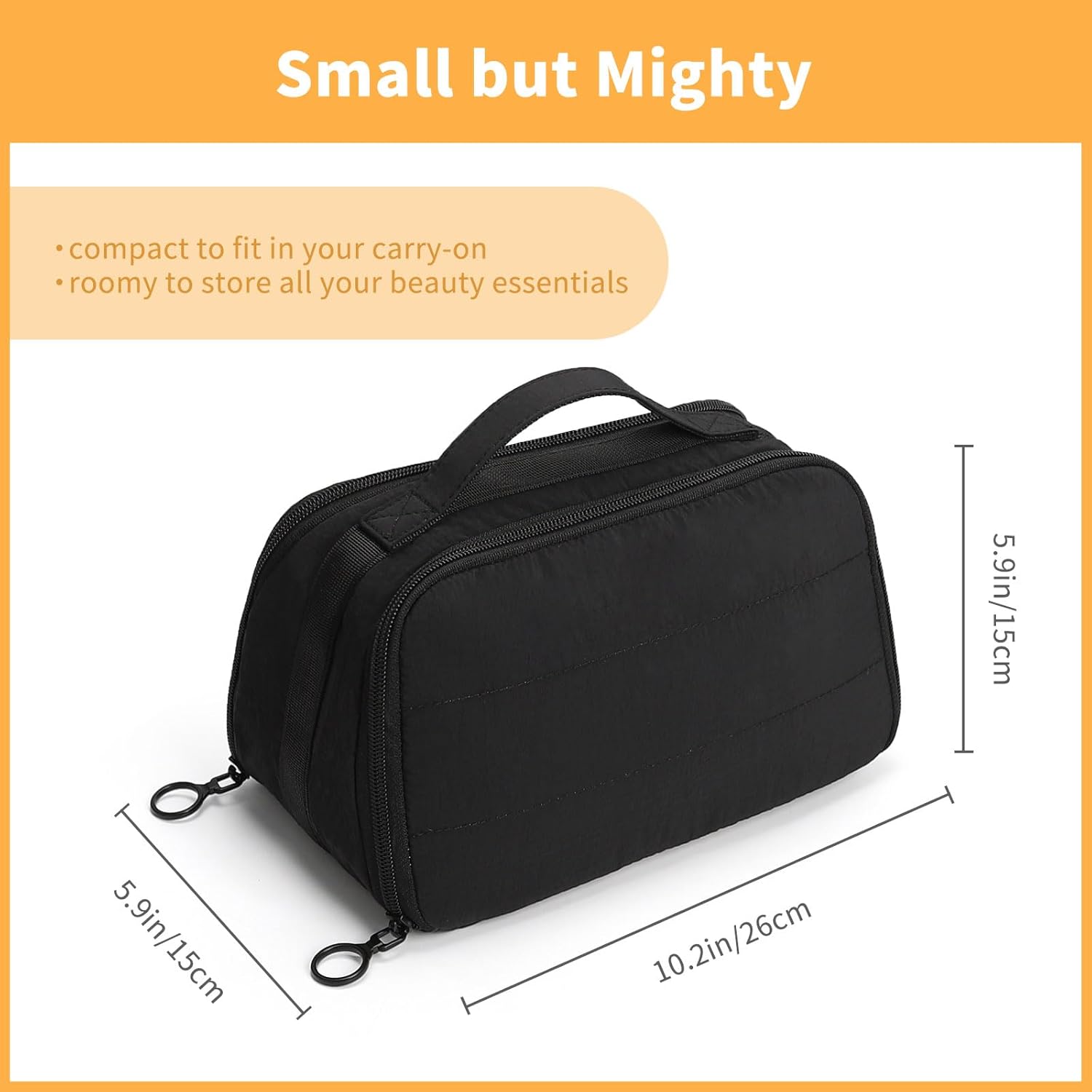 Quivy LuxeCase compact makeup bag ideal for travel, featuring dual compartments and durable water-resistant fabric.
