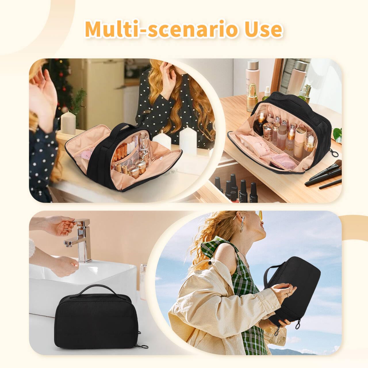 Quivy LuxeCase beauty bag showing multi-scenario use, featuring organized cosmetics and toiletries.