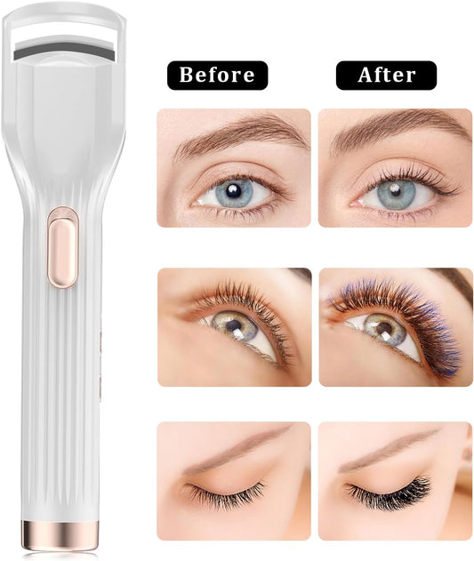 Quivy Premium Heated Eyelash Curler with before and after results showcasing curled lashes.