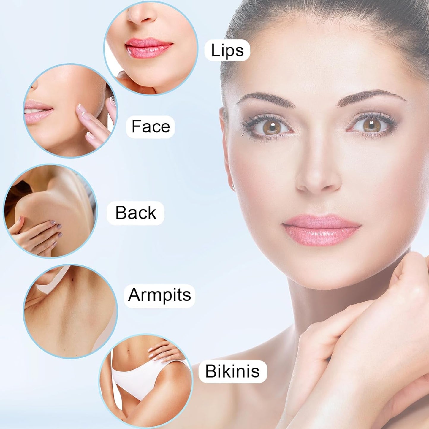 Quivy SmoothErase facial hair remover for lips, face, back, armpits, and bikinis, promoting smooth skin.