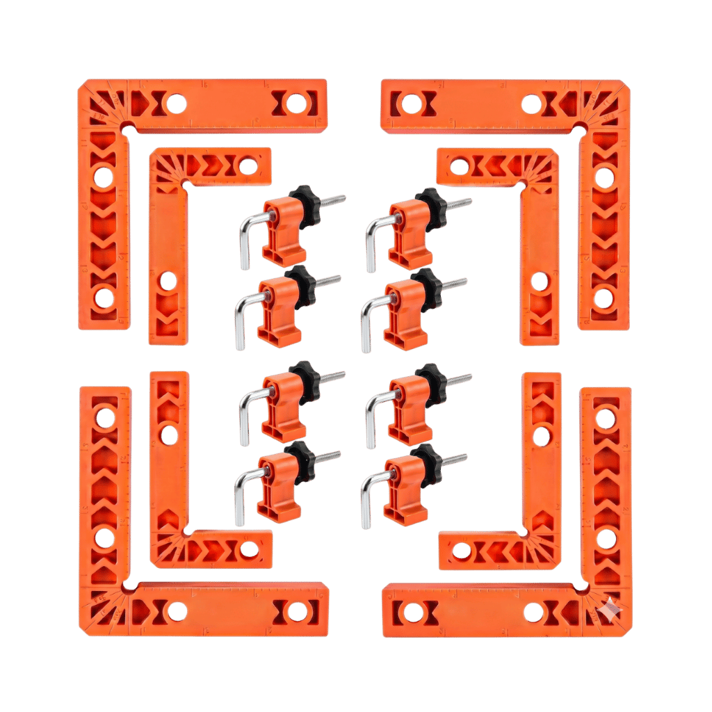 Positioning Square Set for woodworking, assembly, and DIY with durable orange clamps for accurate corner alignment.