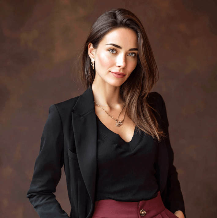 Portrait of a woman in a black blazer, showcasing a confident and elegant style against a warm background.