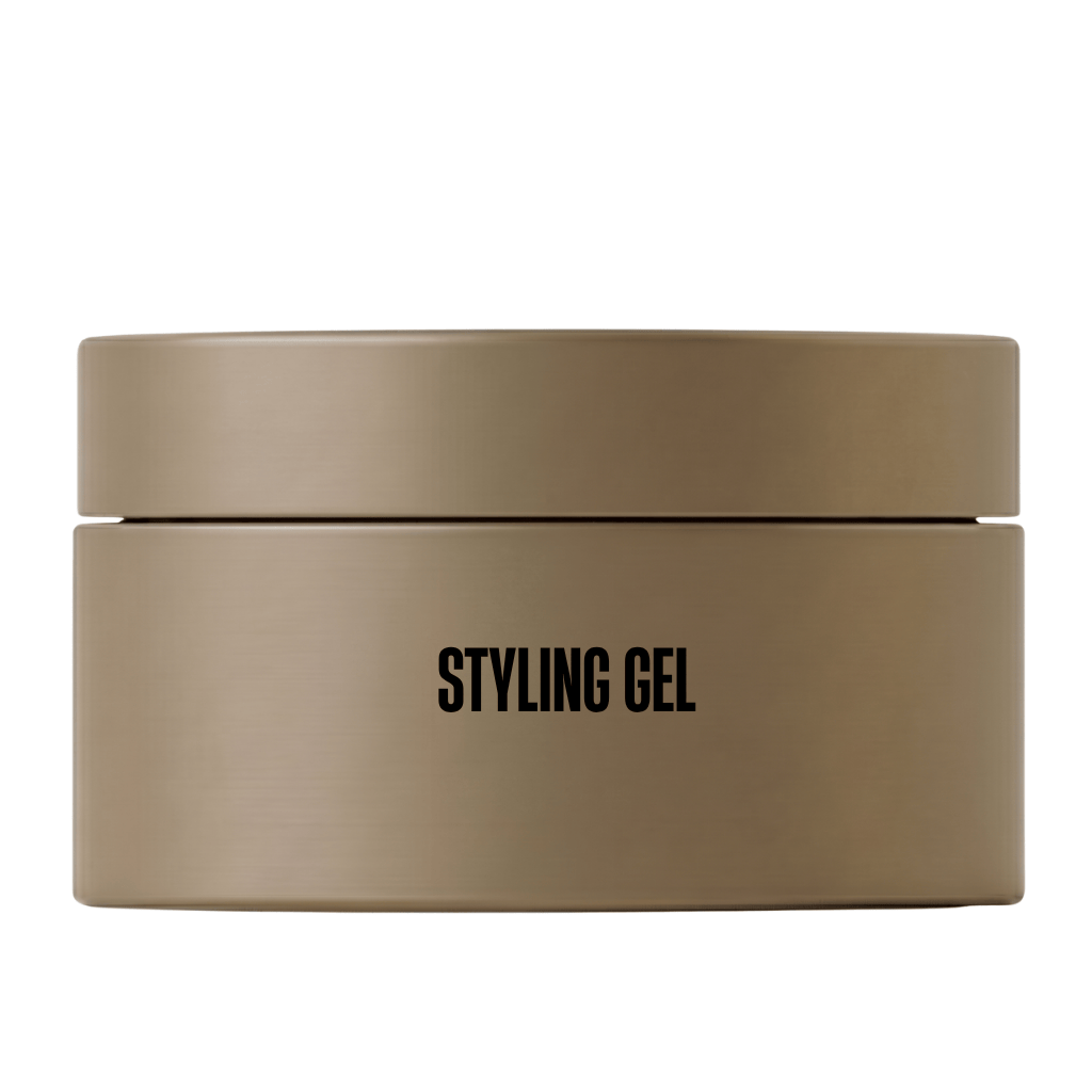 Container of Styling Gel designed for shaping and defining hair with a modern finish.