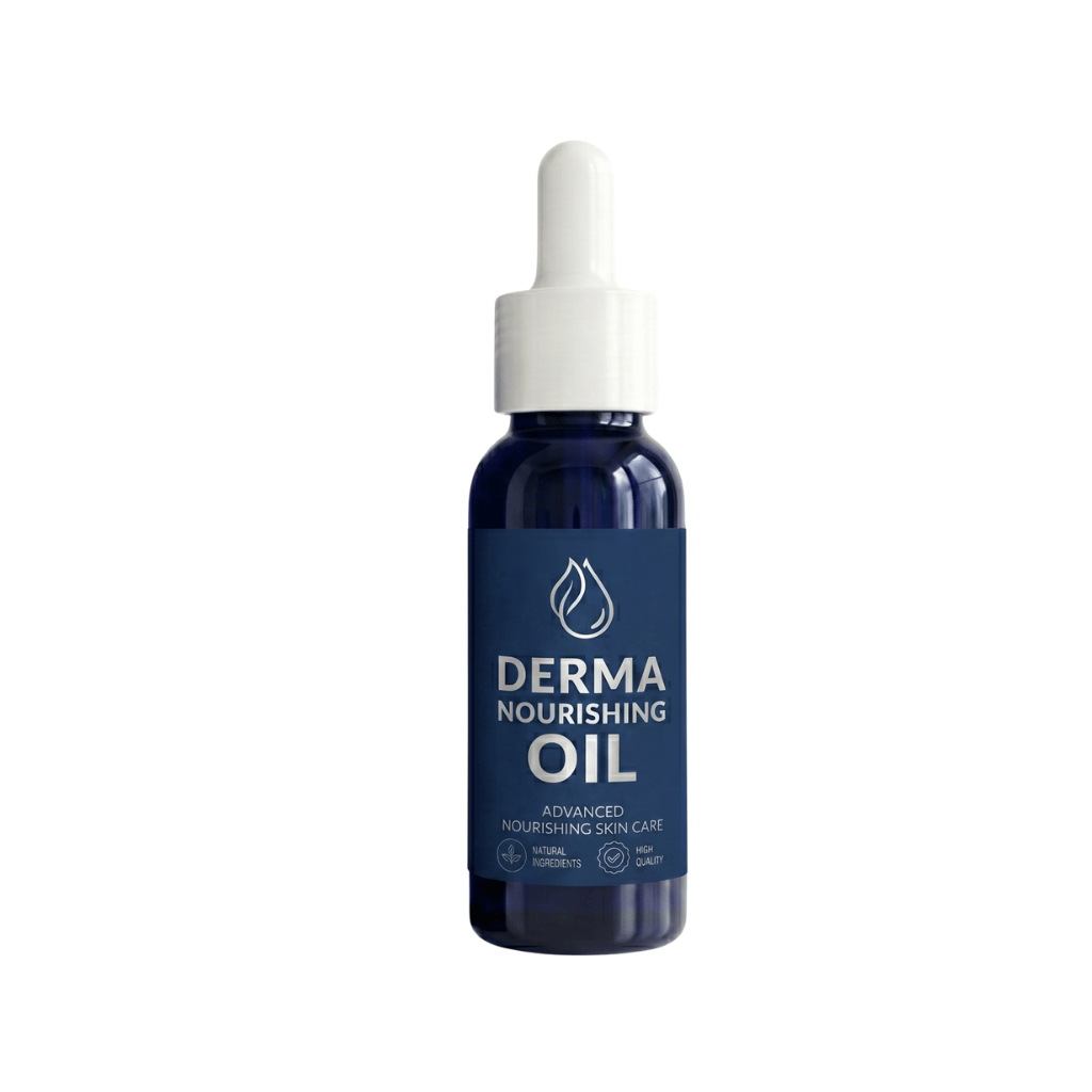 Derma Nourishing Oil in a blue glass bottle with dropper for advanced nourishing skin care.