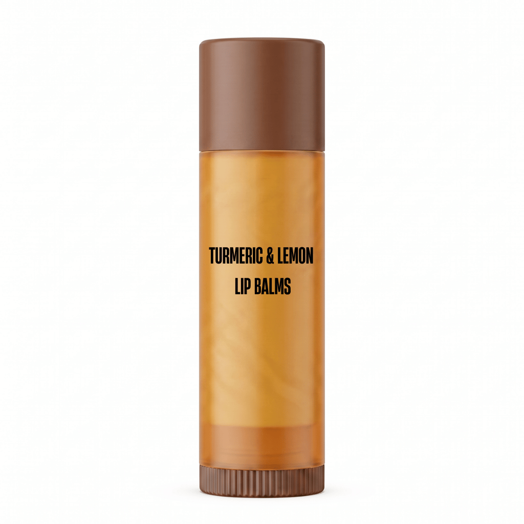 Turmeric & Lemon Lip Balms in a clear tube for moisturizing dry lips and adding a fresh, hydrated finish.