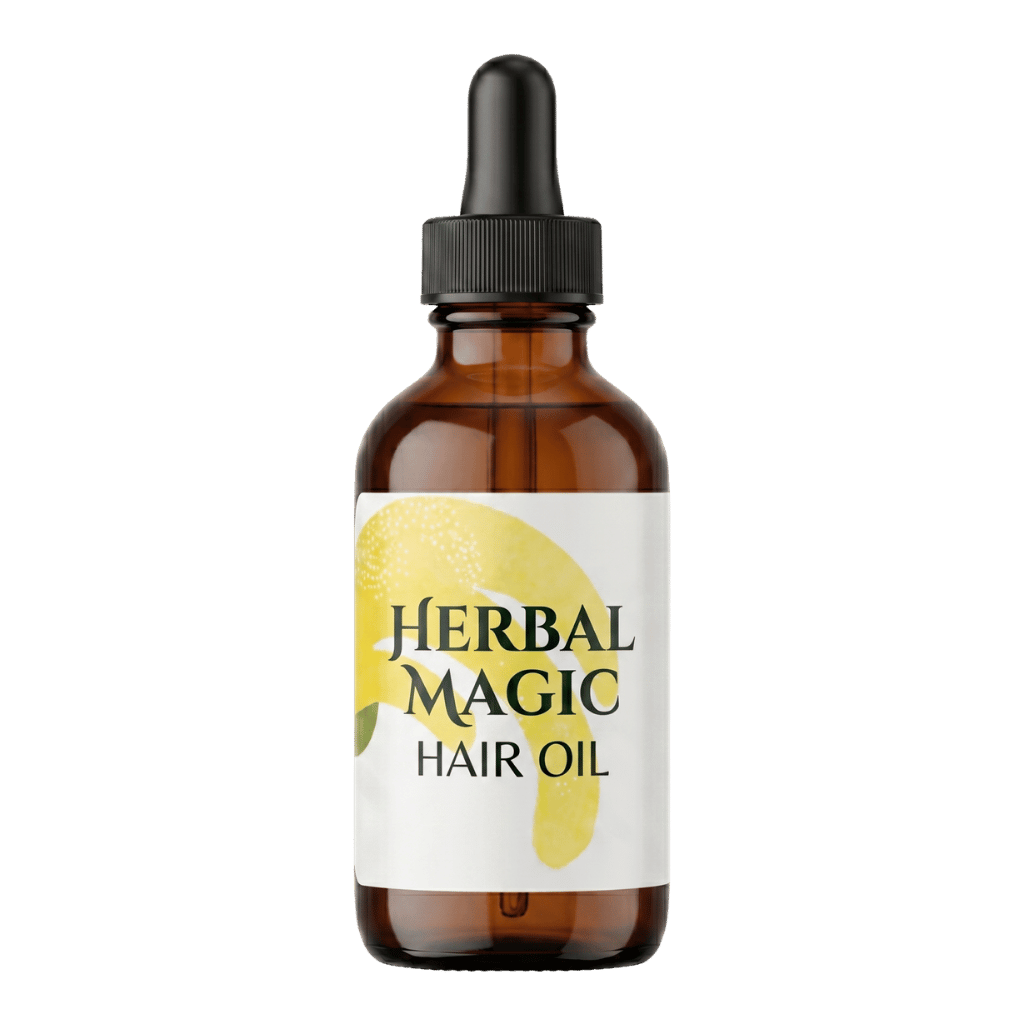 Herbal Magic Hair Oil in a glass bottle, designed to nourish and add shine to hair with a lightweight formula.