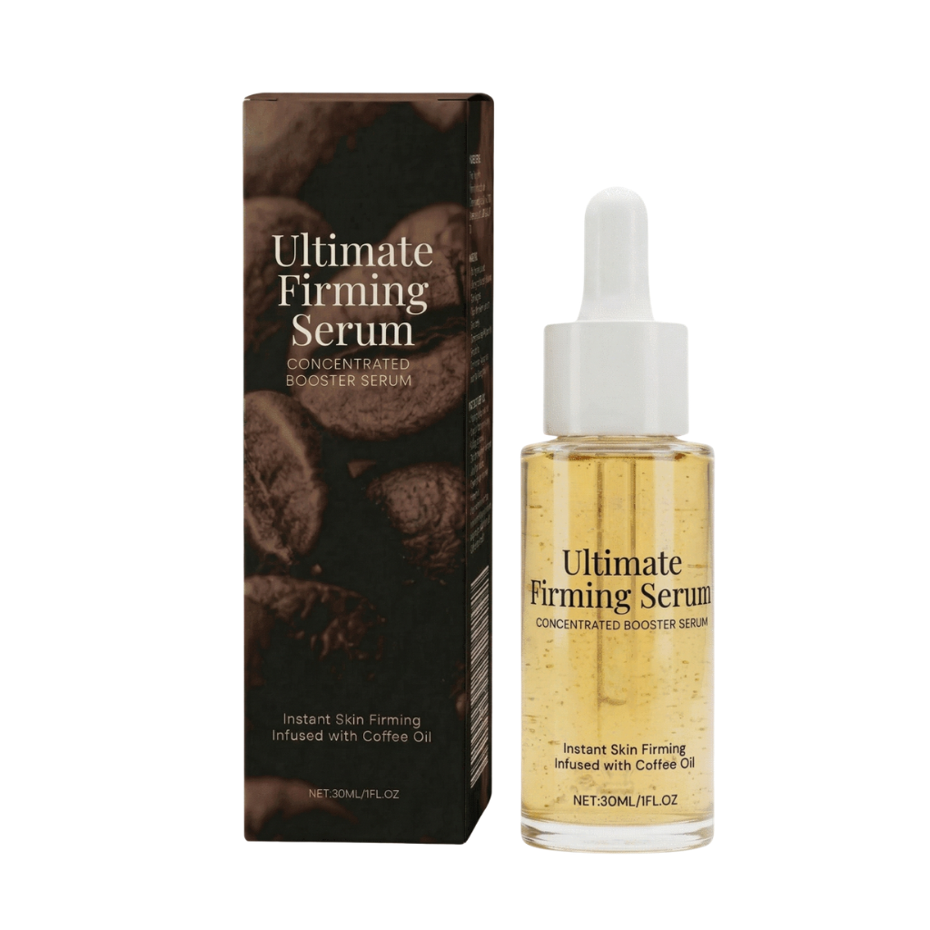 Ultimate Firming Serum in a bottle with dropper and box packaging featuring coffee oil benefits.