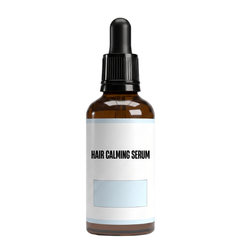 Hair Calming Serum in a brown glass bottle with a dropper, perfect for nourishing dry-looking hair.