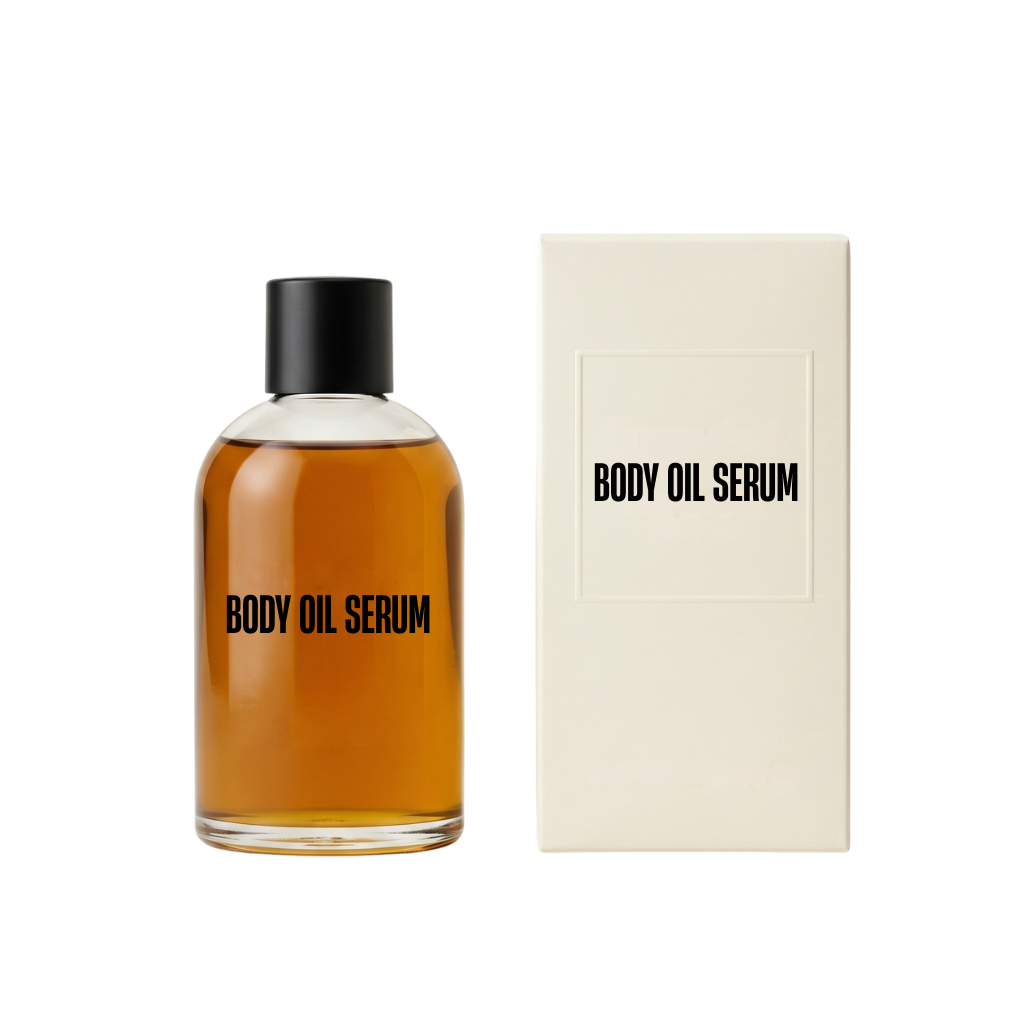 Body Oil Serum bottle and box, showcasing a lightweight formula for silky and radiant skin.