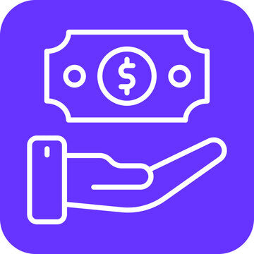 Tips symbol depicting a hand receiving a dollar bill on a purple background.