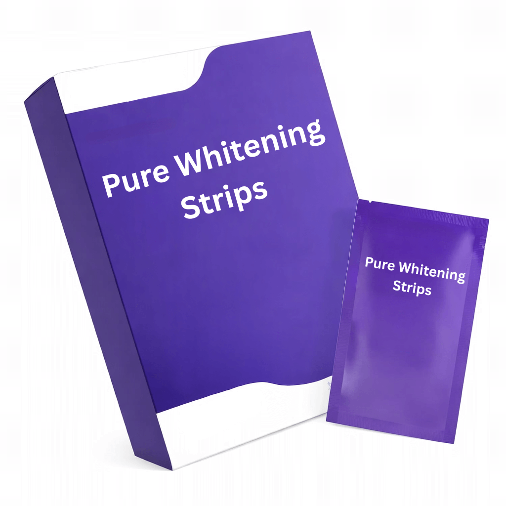 Box and packet of Pure Whitening Strips for an easy at-home teeth whitening routine.