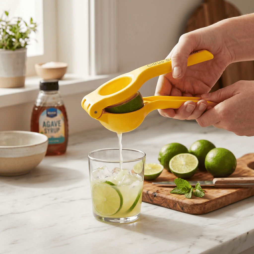 Citrus Squeezer in use, extracting juice from a lime for refreshing cocktails with ice in a glass.