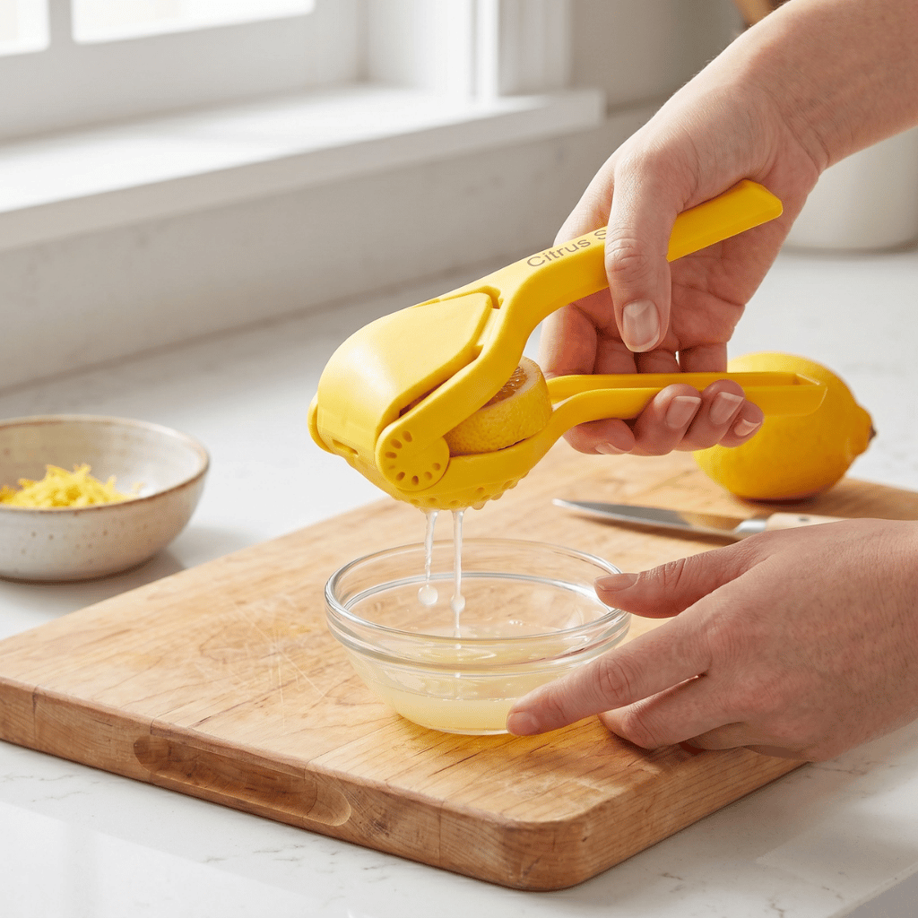 Citrus Squeezer extracting fresh juice from a lemon into a bowl on a wooden countertop.