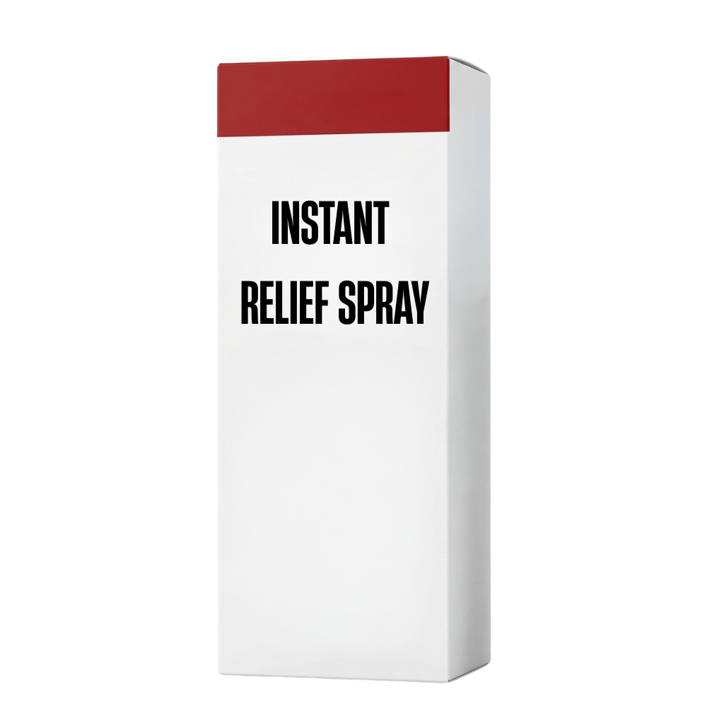 Instant Relief Spray packaging in a sleek, minimalist design featuring bold black text.