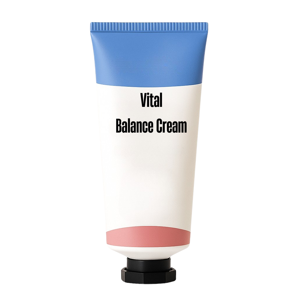 Vitality Balance Cream tube showcasing its lightweight and silky formula for radiant skin.