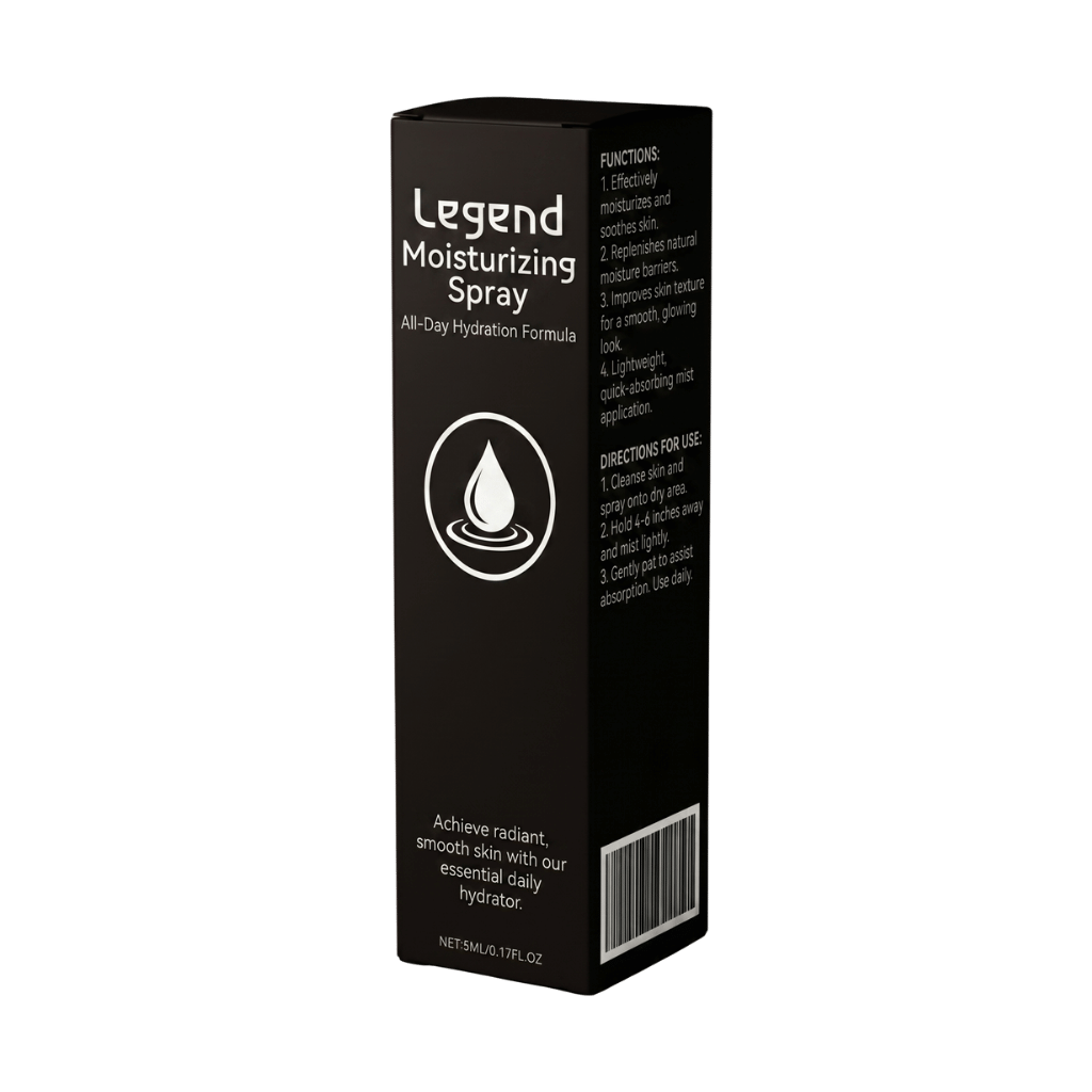 Legend Moisturizing Spray packaging featuring a sleek black design and hydration instructions.