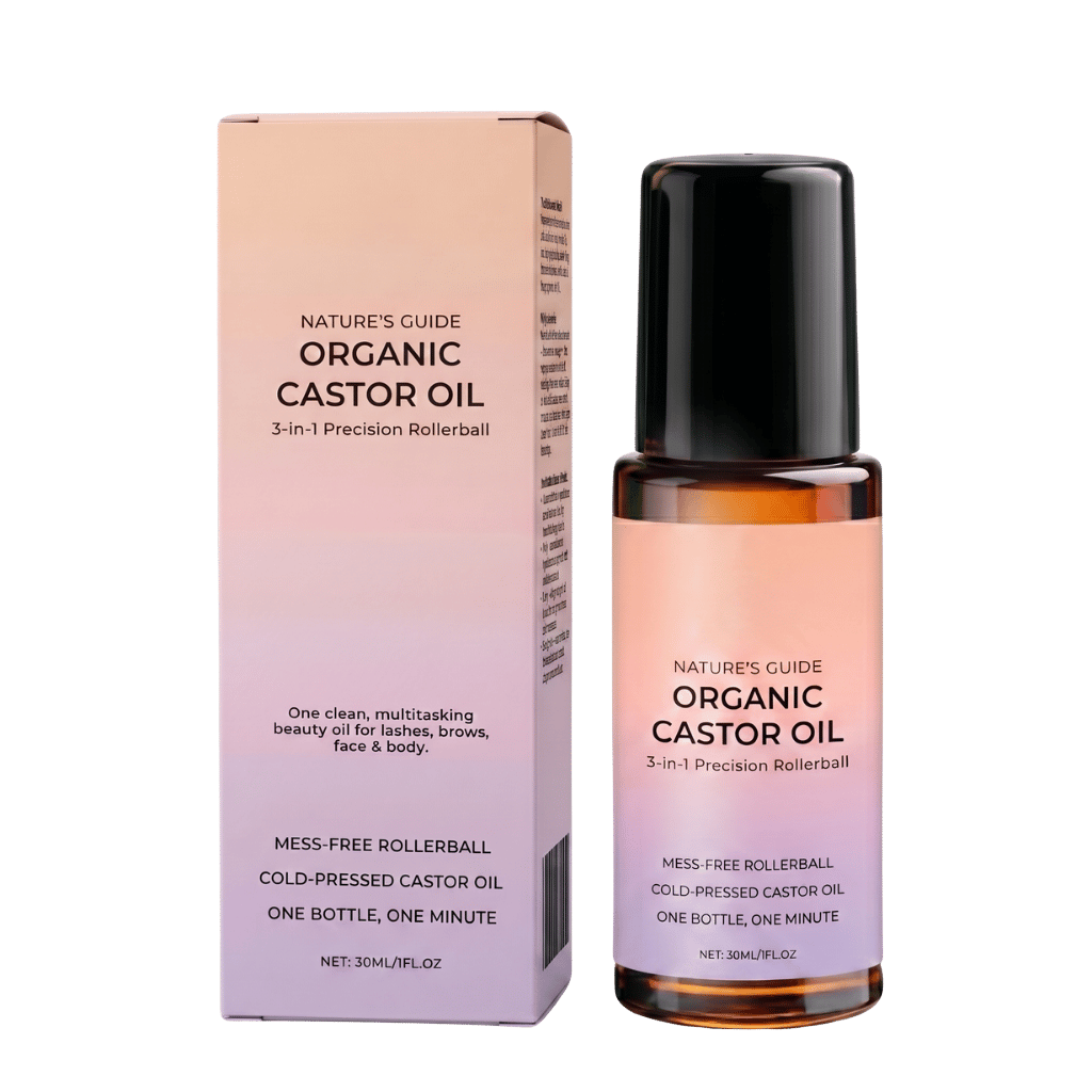 Organic Castor Oil Roll-On in a sleek bottle with a precision rollerball for easy application.