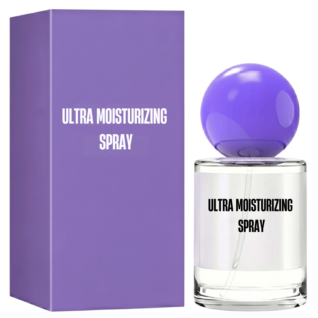 Ultra Moisturizing Spray bottle in front of purple box, designed for daily hydration and skin refreshment.