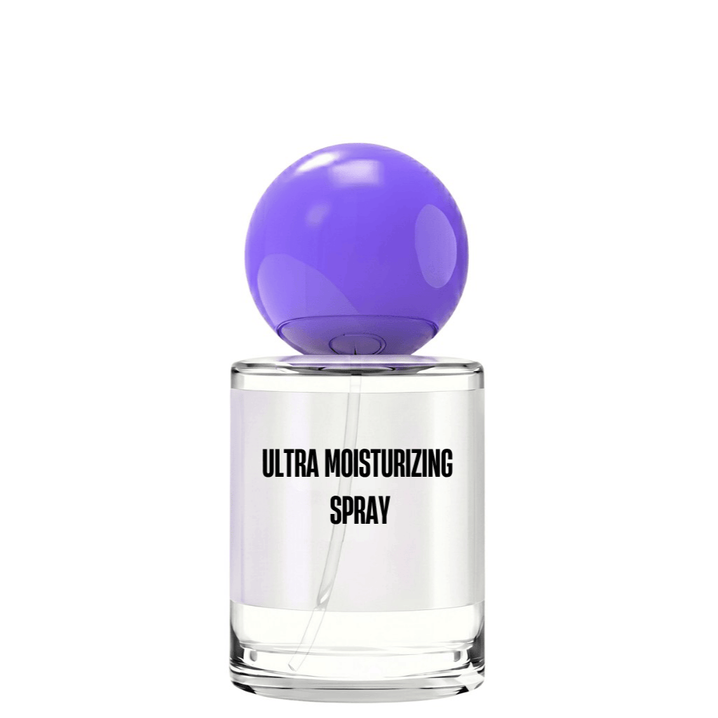 Ultra Moisturizing Spray bottle with a purple cap, designed for hydration and refreshment throughout the day.