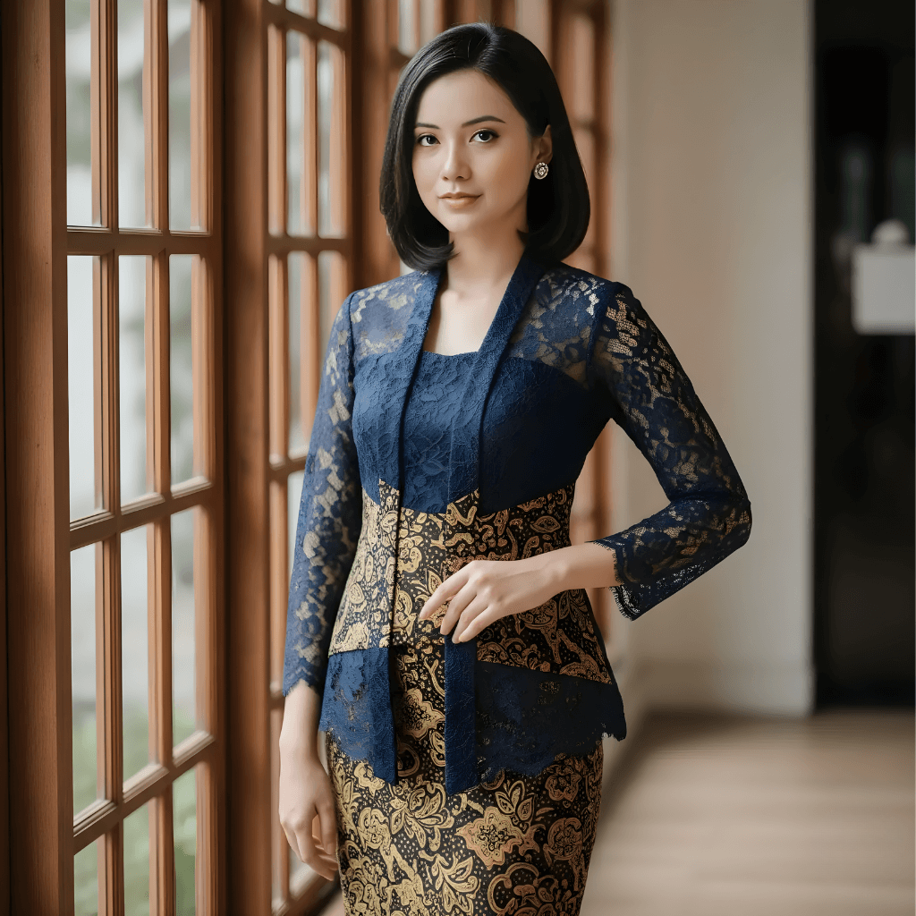 Elegant woman in lace outfit posing indoors, showcasing a traditional dress with intricate patterns.