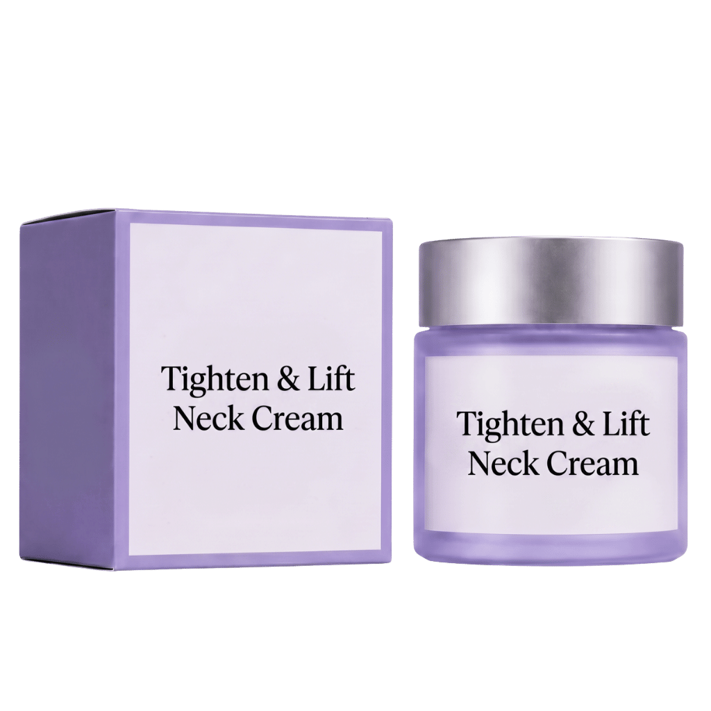 Tighten & Lift Neck Cream product packaging and jar, promoting a lifted and defined neck area.
