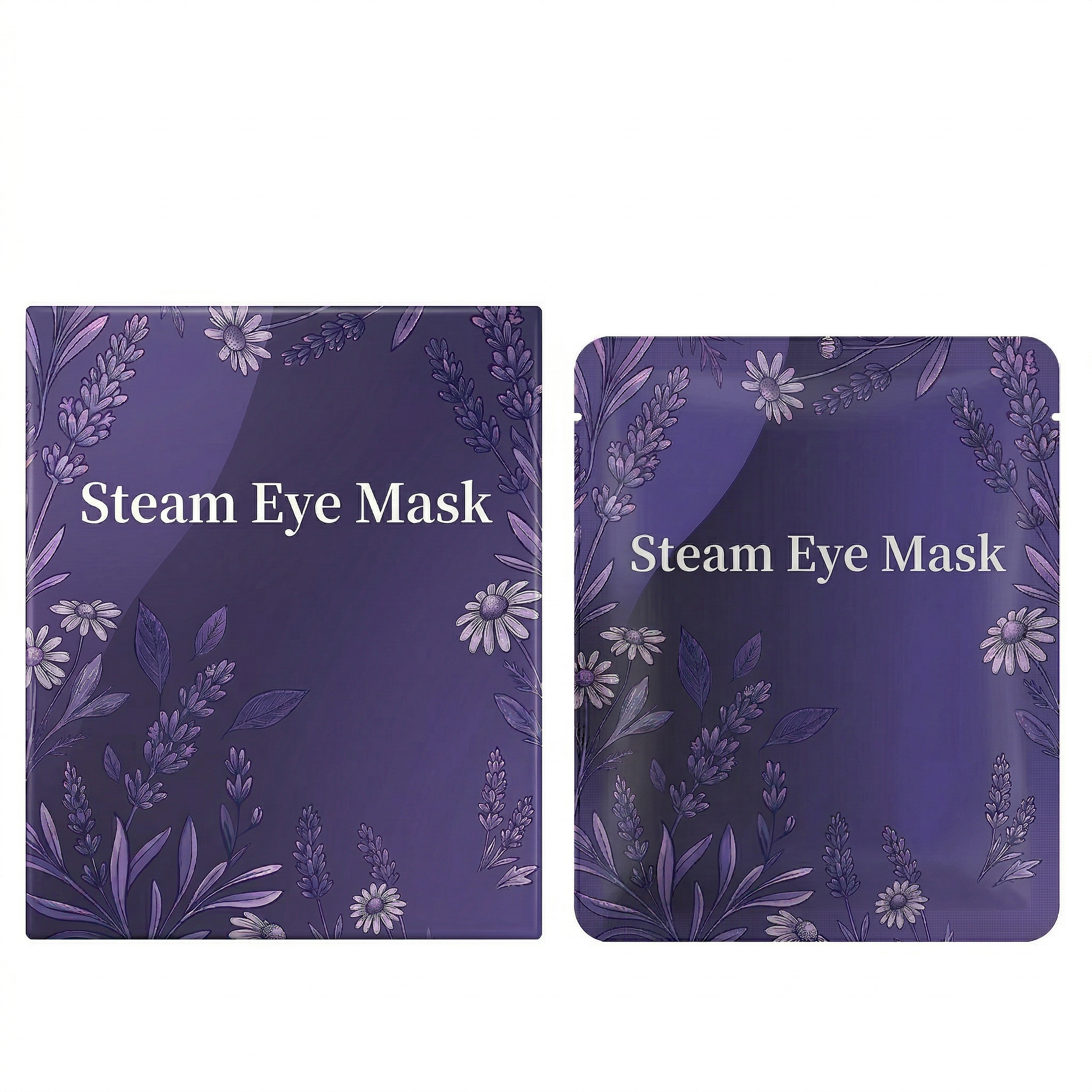 Steam Eye Mask packaging featuring calming floral designs for relaxation and skincare enhancement.