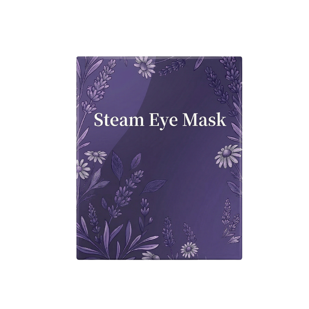 Steam Eye Mask package featuring calming floral design for a soothing skincare experience.