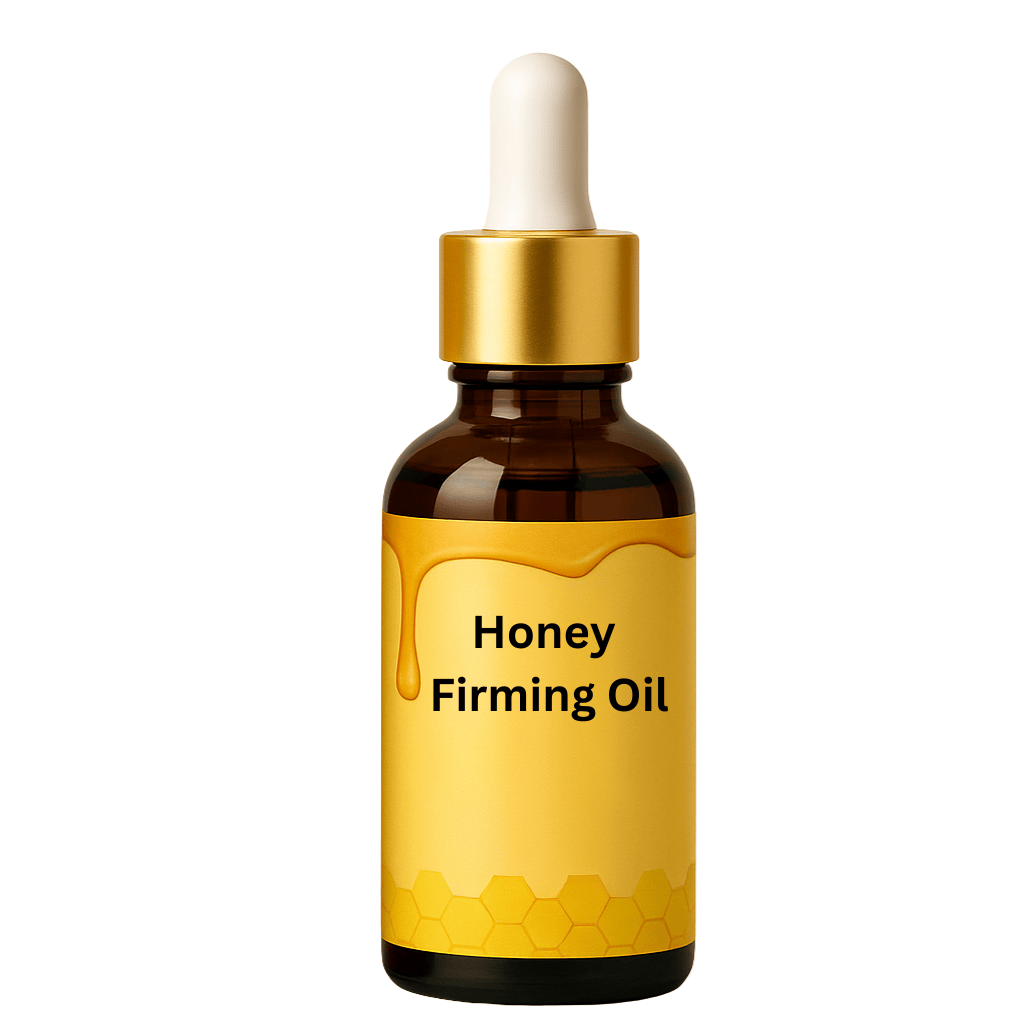 Honey Firming Oil in a brown glass dropper bottle with a yellow label for skincare nourishment.