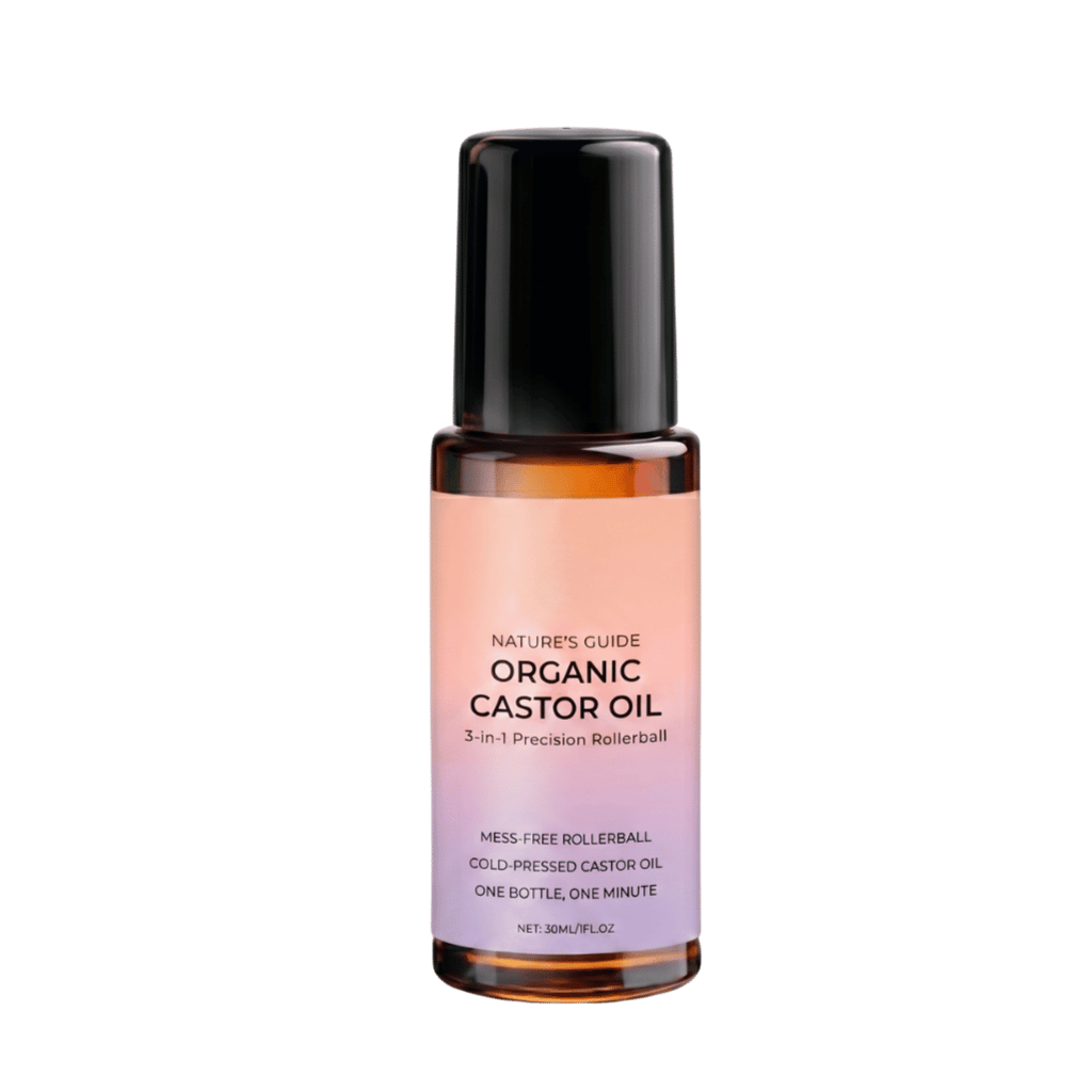 Organic Castor Oil Roll-On bottle for nourishing skin and providing hydration in a convenient rollerball application.