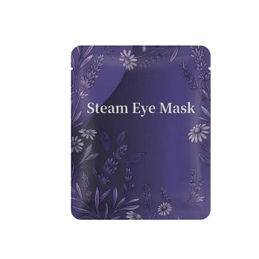 Steam Eye Mask packaging designed to offer a calming, self-warming eye treatment for relaxation.