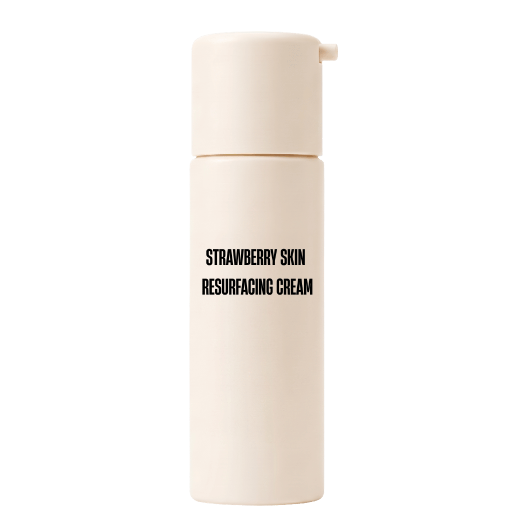Strawberry Skin Resurfacing Cream in a sleek pump bottle for moisturizing and softening skin.