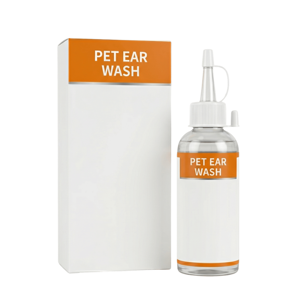 Bottle and box of Pet Ear Wash for effective pet grooming care.