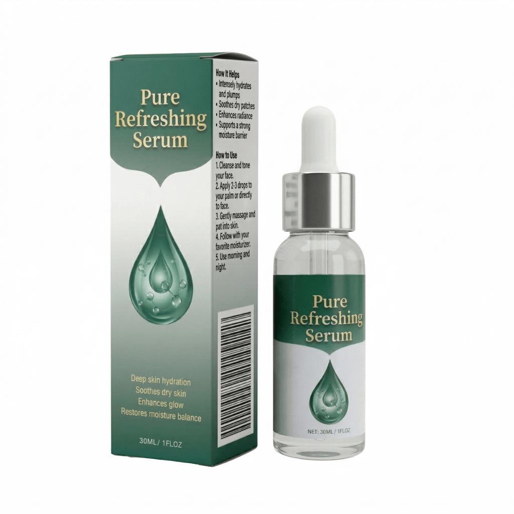 Premium Pure Refreshing Serum in a dropper bottle with green packaging, promoting hydration and glow.
