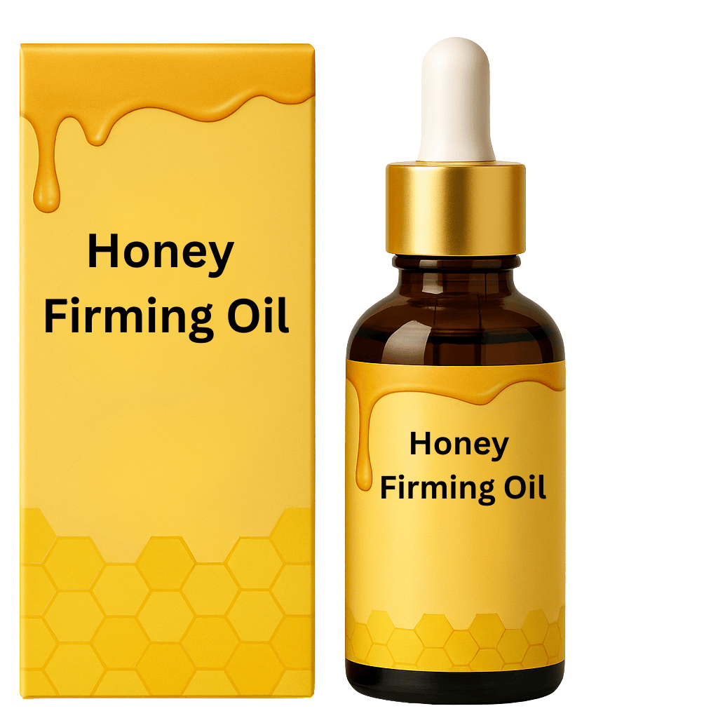 Honey Firming Oil bottle and packaging with honeycomb design, perfect for daily skincare routine.