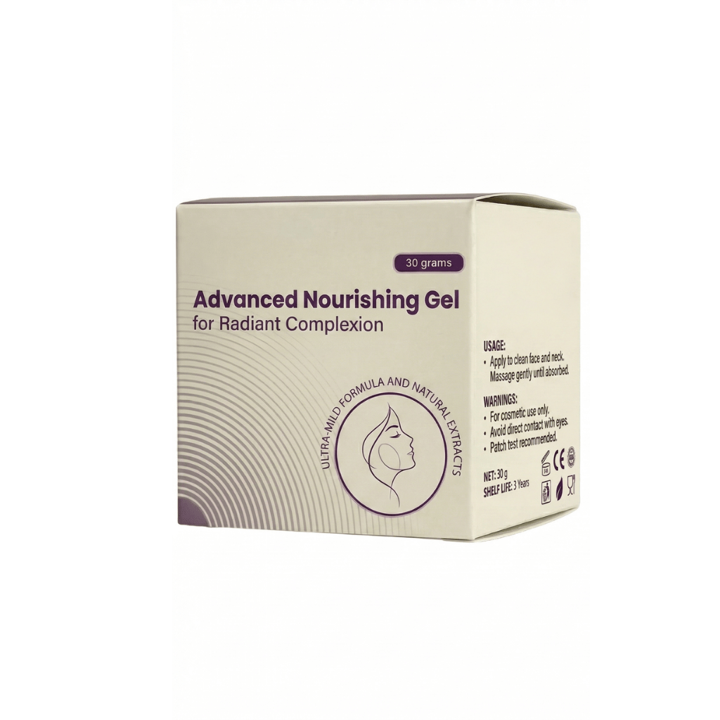 Box of Daily Advanced Nourishing Gel for radiant complexion with natural extracts, 30 grams, highlighting skincare benefits.