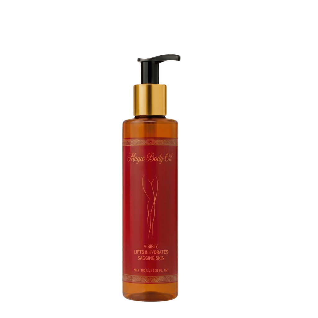 Ultra Body Oil bottle with pump for lifting and hydrating sagging skin in a sleek design.