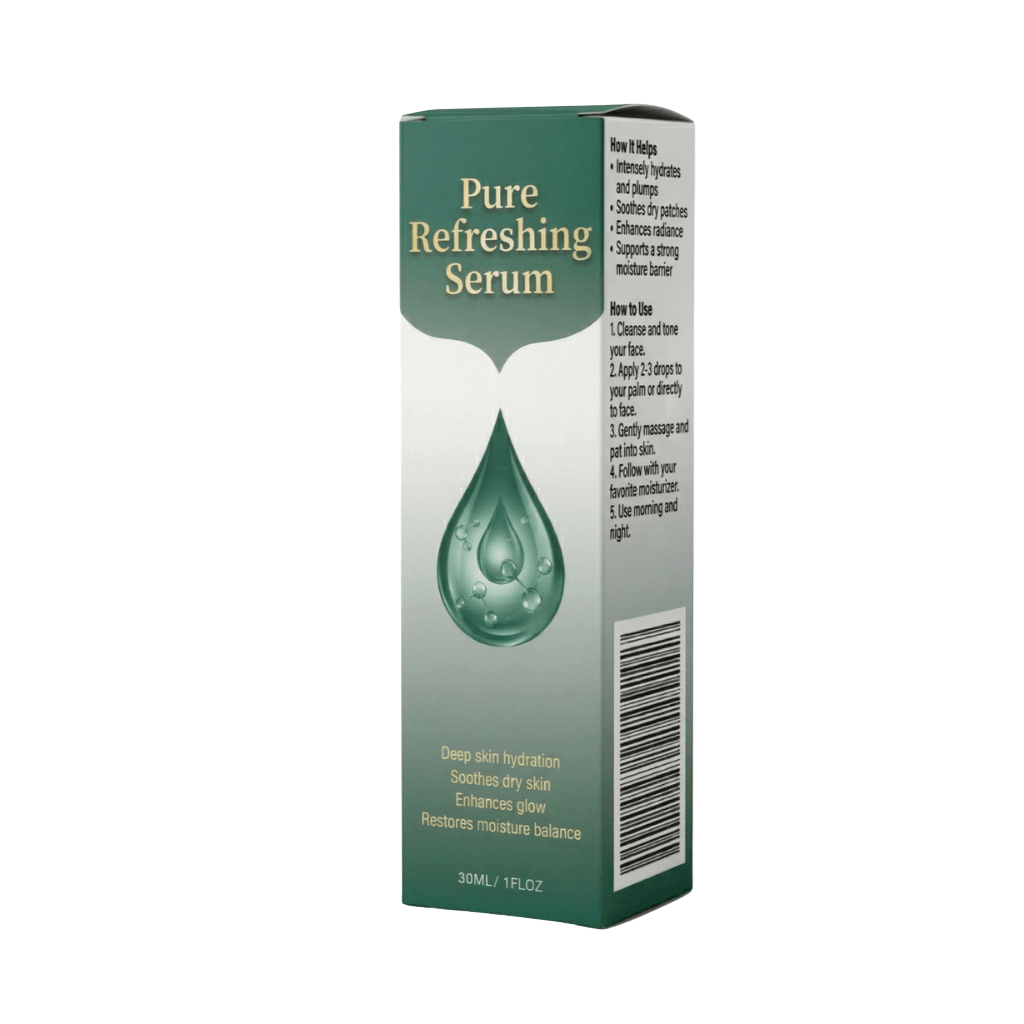 Premium Pure Refreshing Serum bottle packaging showcasing deep hydration and enhanced glow benefits.