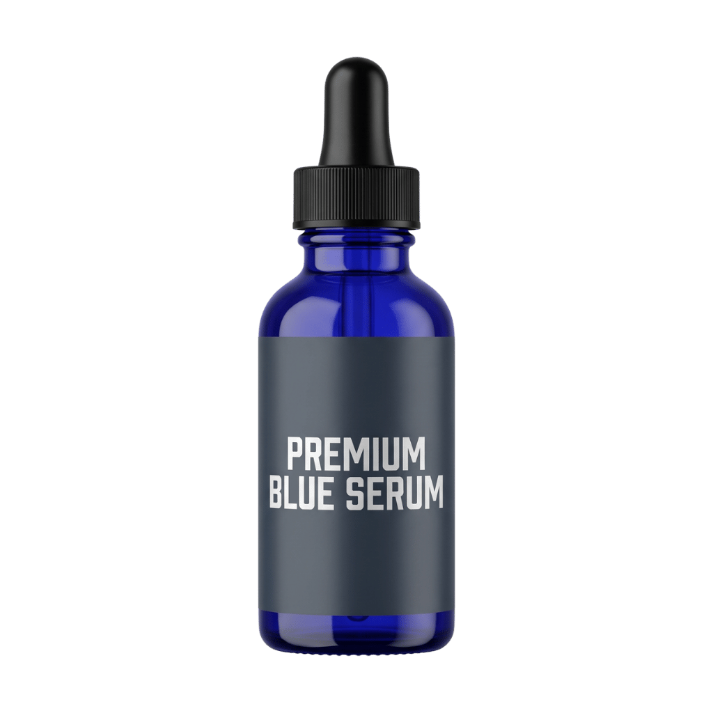 Premium Blue Serum bottle for daily skin nourishment and a radiant-looking complexion.