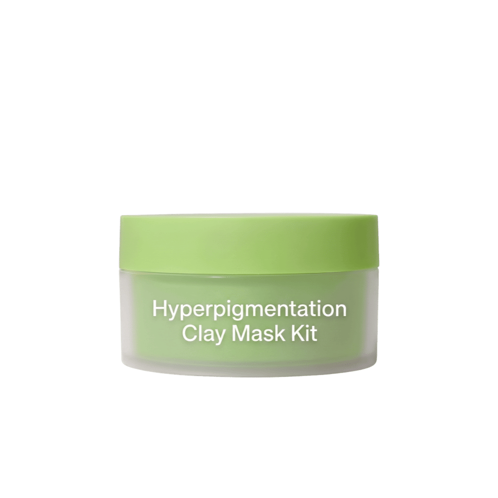 Hyperpigmentation Clay Mask Kit jar designed for a clearer, smoother complexion in a vibrant green packaging.