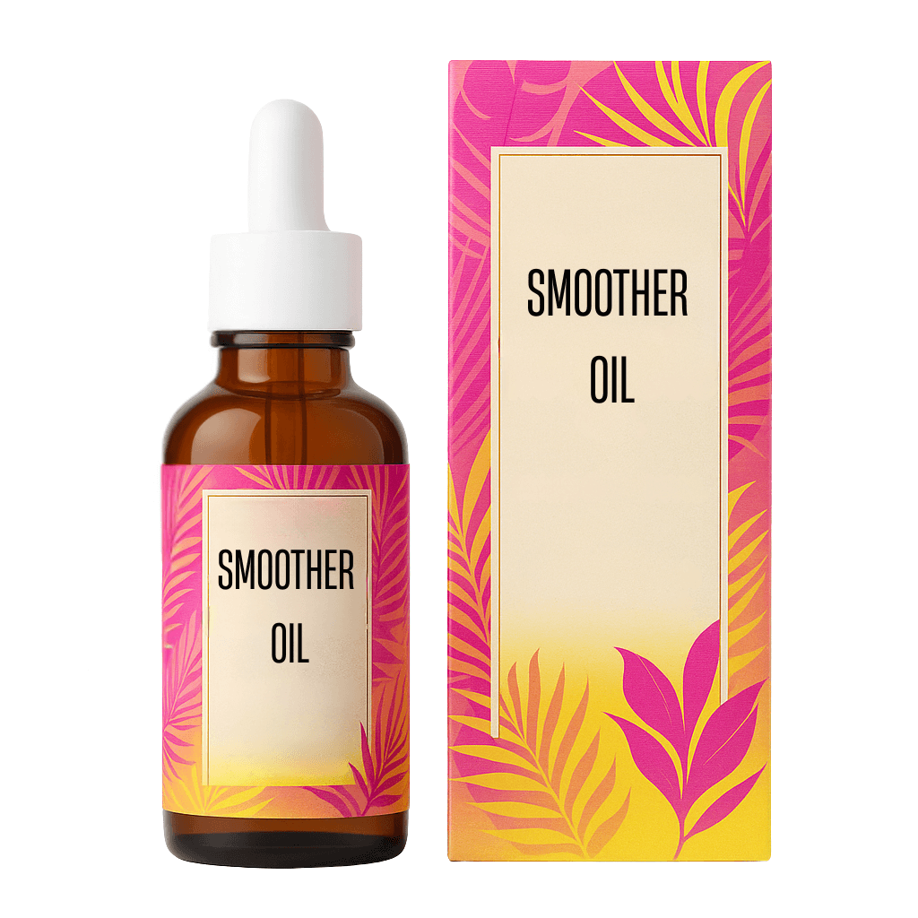 Smoother Oil bottle and packaging featuring vibrant design for beauty routines.