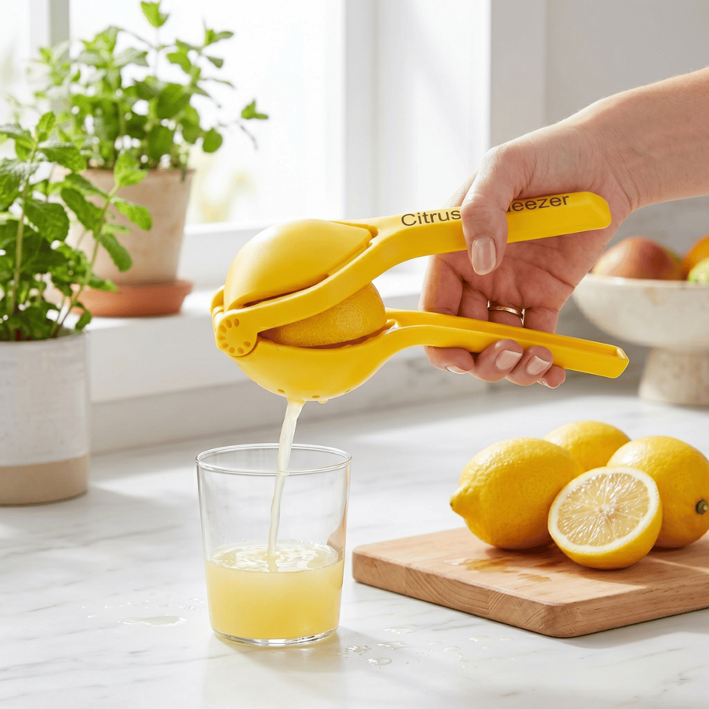User juicing a lemon with a yellow Citrus Squeezer over a glass, showcasing effortless fruit extraction.