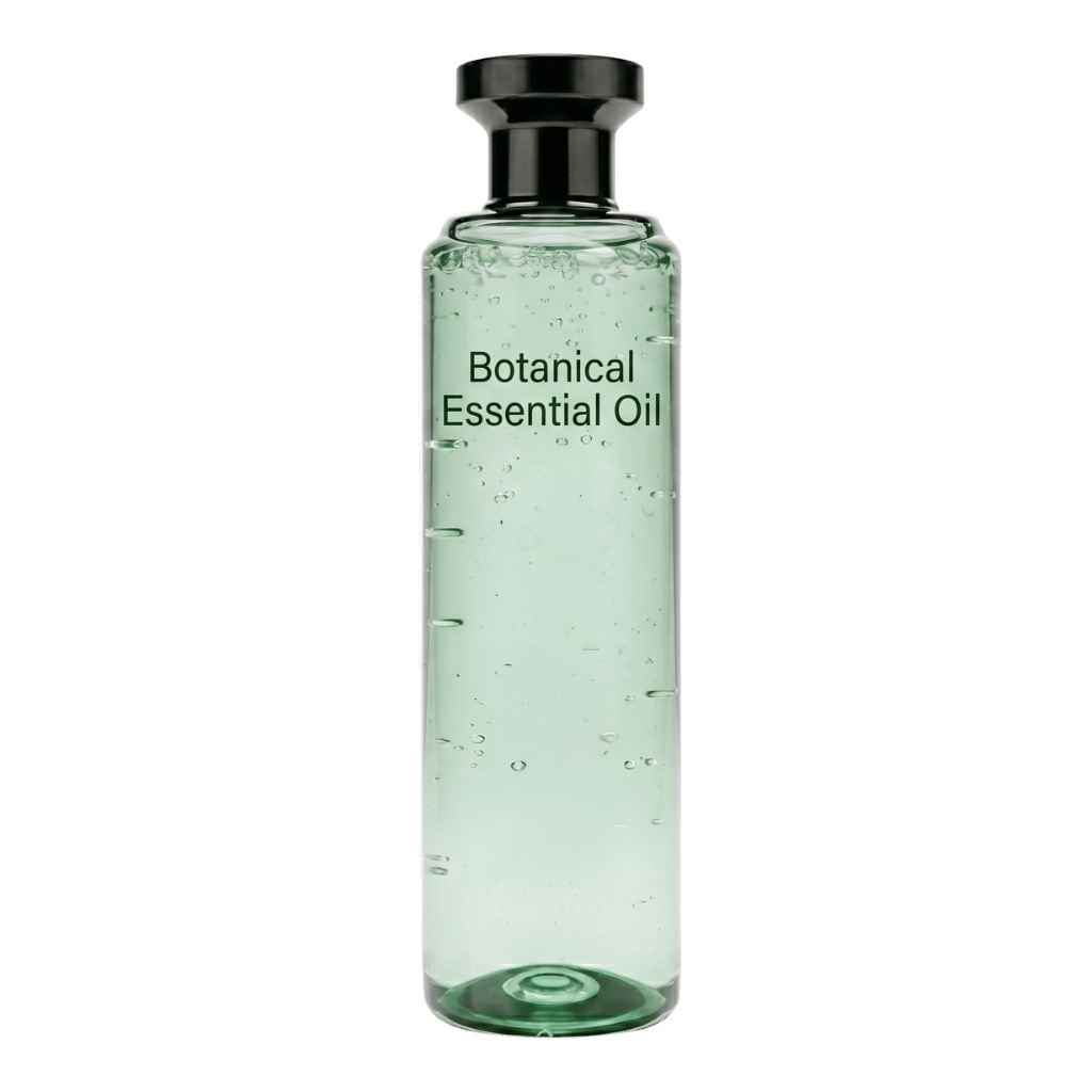 Botanical Essential Oil bottle showcasing a light green liquid for hair care.