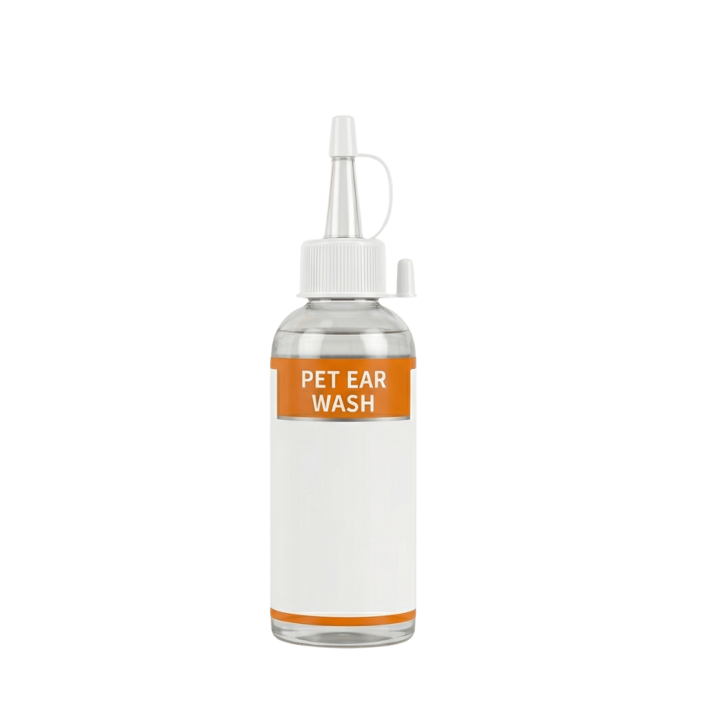 Bottle of PET EAR WASH specially formulated for gentle pet grooming care for dogs and cats.
