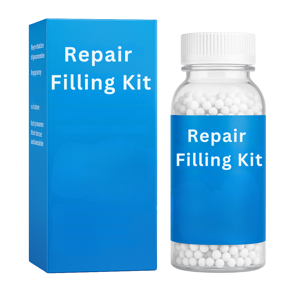 Repair Filling Kit packaging and bottle, designed for a polished smile and daily self-care routines.