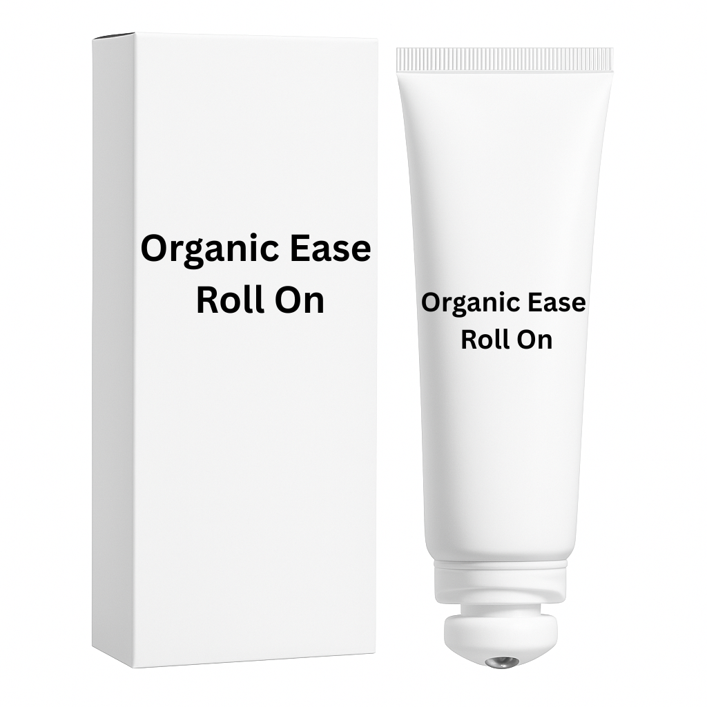 Organic Ease Roll On skincare tube and box for instant cooling skin refreshment.