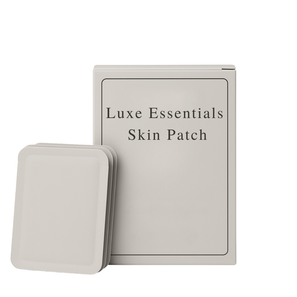 Luxe Essentials Skin Patch in packaging with a beauty patch beside it designed for smooth skin appearance.