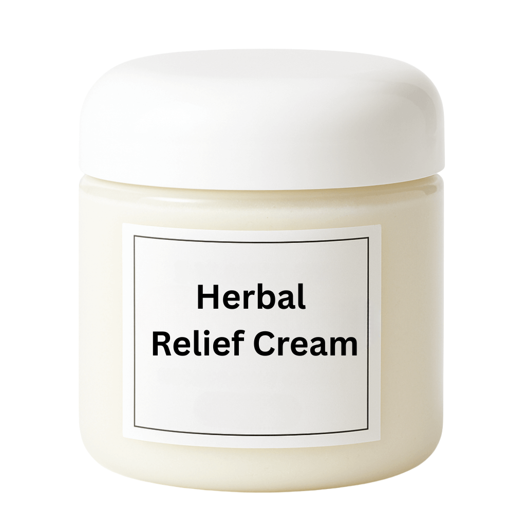 Herbal Relief Cream container with a white lid and label showcasing the product name.