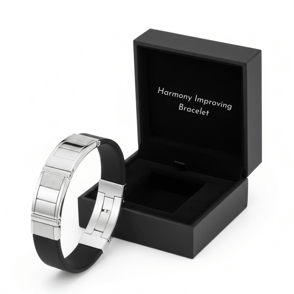 Harmony Improving Bracelet displayed next to its elegant black box, showcasing its modern and minimal design.